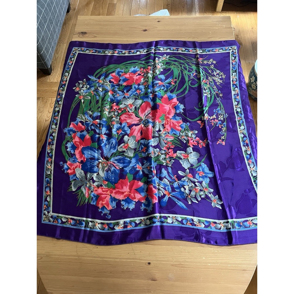 Vintage Floral Silk Scarf Purple Blue Pink Orchid Print Square Retro 34x33
